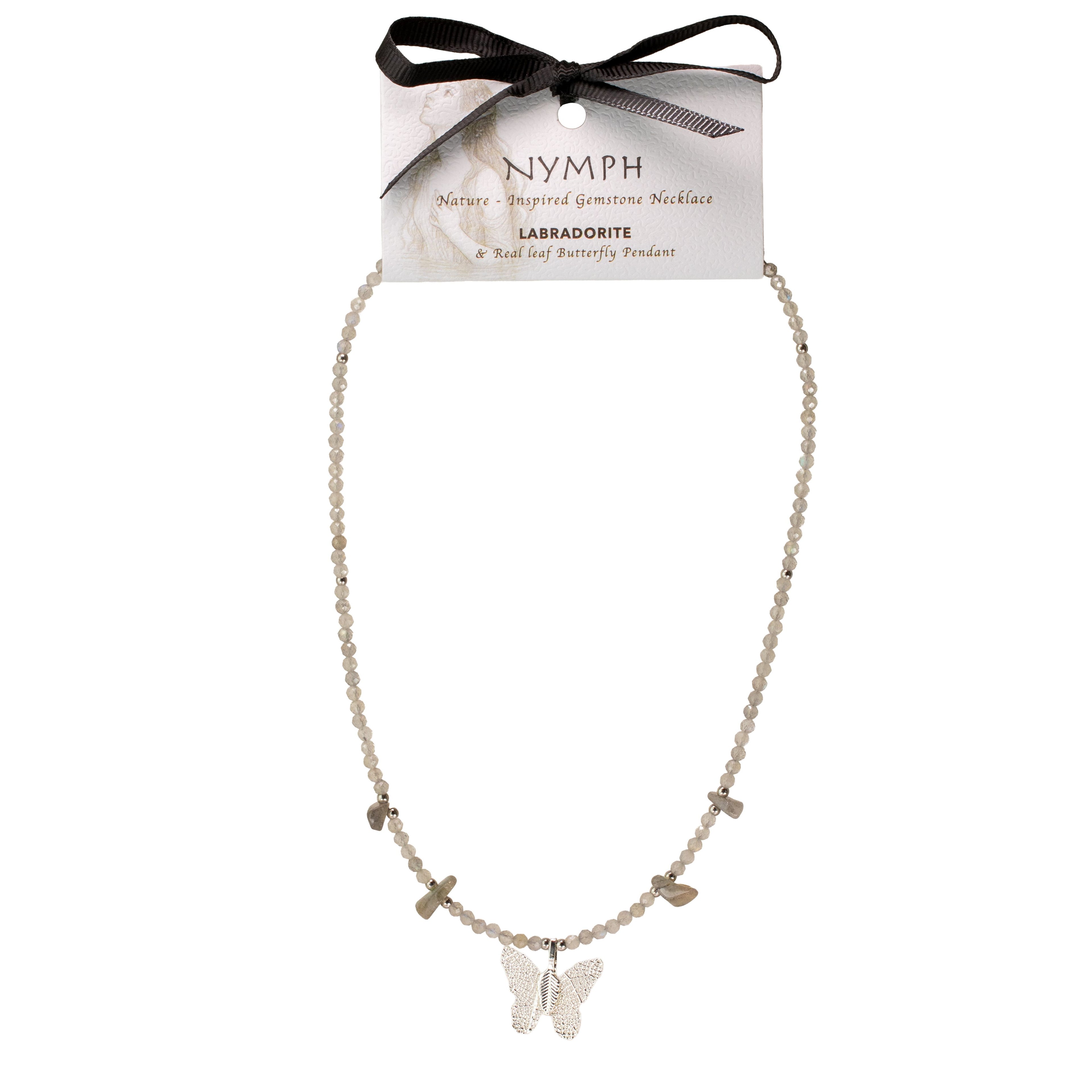 Nymph Labradorite Gemstone Necklace with Real Leaf Butterfly Pendant