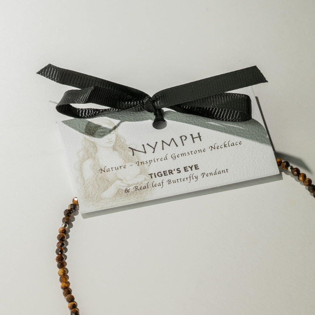 Nymph Tiger's Eye Gemstone Necklace with Real Leaf Butterfly Pendant
