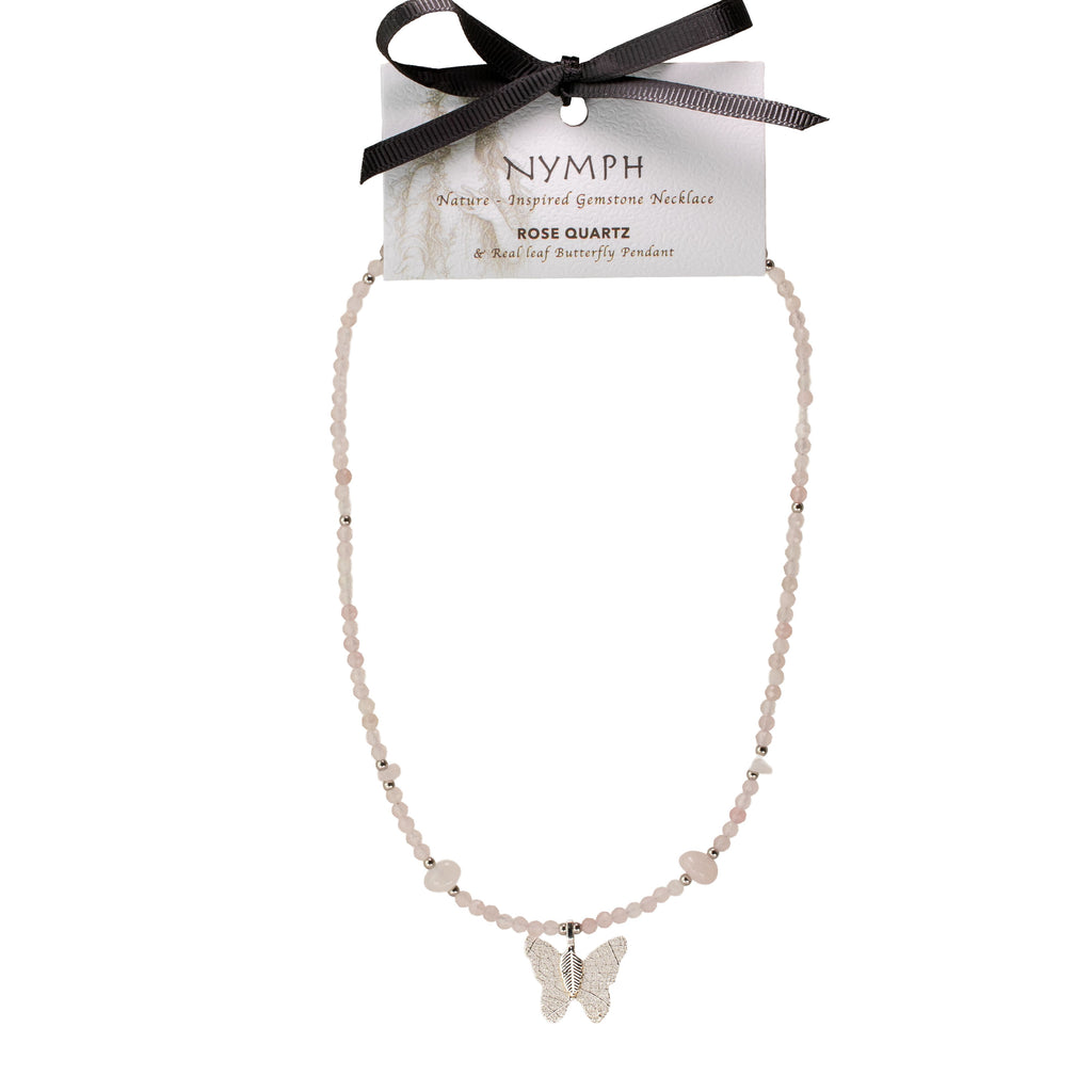 Nymph Rose Quartz Gemstone Necklace with Real Leaf Butterfly Pendant