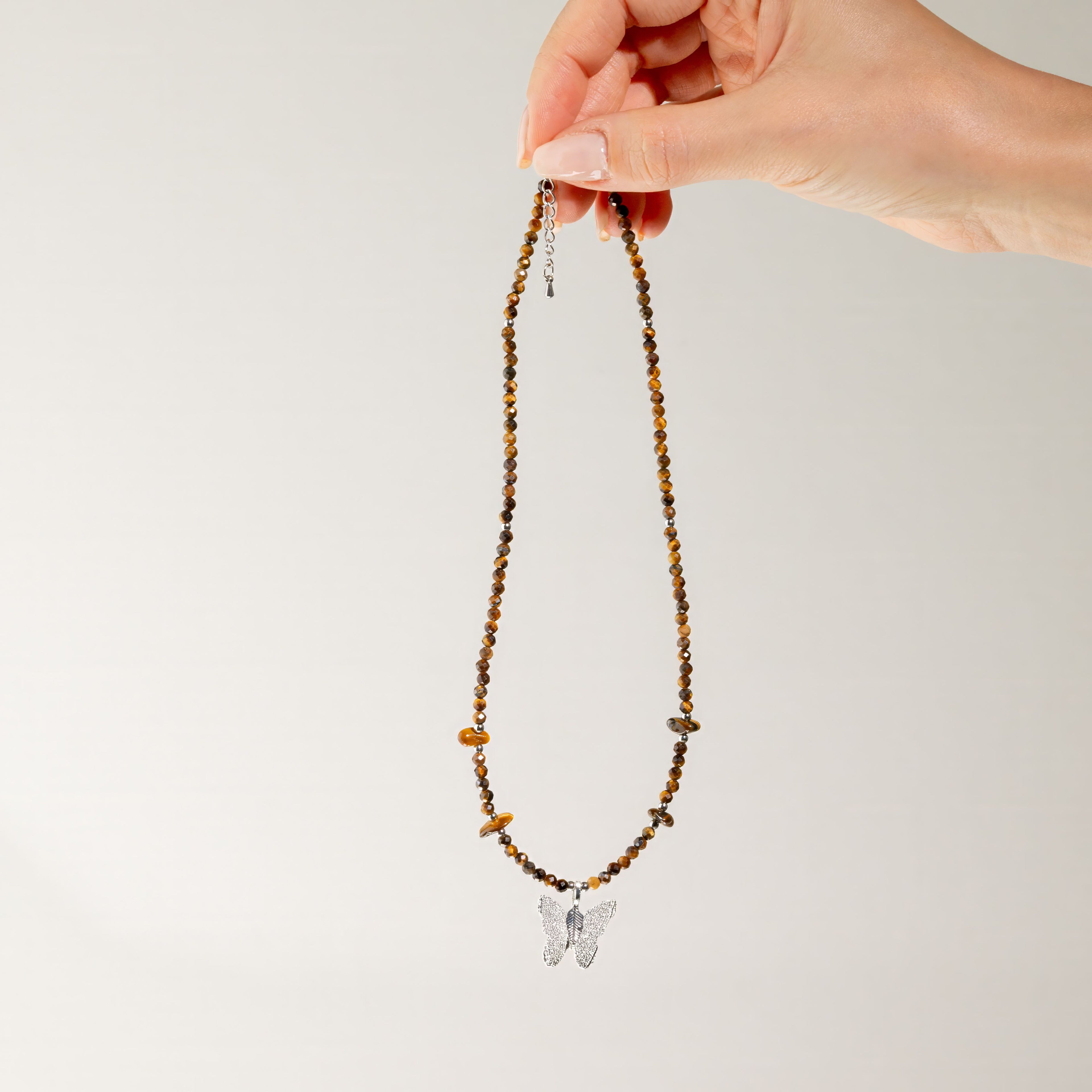 Nymph Tiger's Eye Gemstone Necklace with Real Leaf Butterfly Pendant