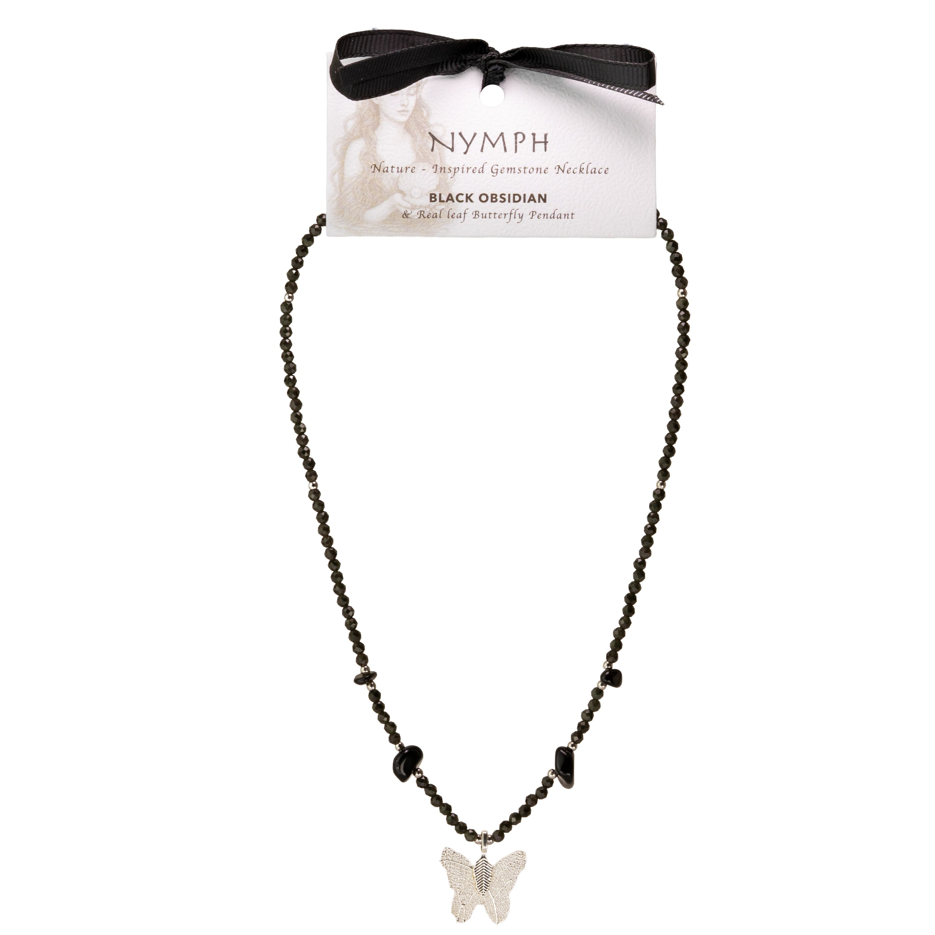 Nymph Black Obsidian Gemstone Necklace with Real Leaf Butterfly Pendant