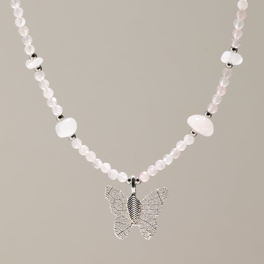 Nymph Rose Quartz Gemstone Necklace with Real Leaf Butterfly Pendant