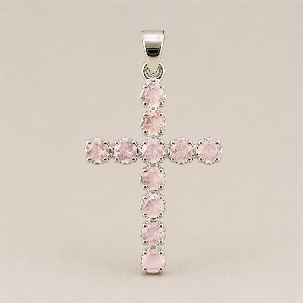 Indian Devotional Pendant - Silver Plated (45cm Chain)- Rose Quartz Crucifix