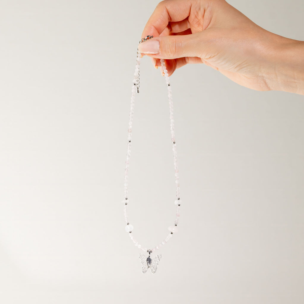 Nymph Rose Quartz Gemstone Necklace with Real Leaf Butterfly Pendant