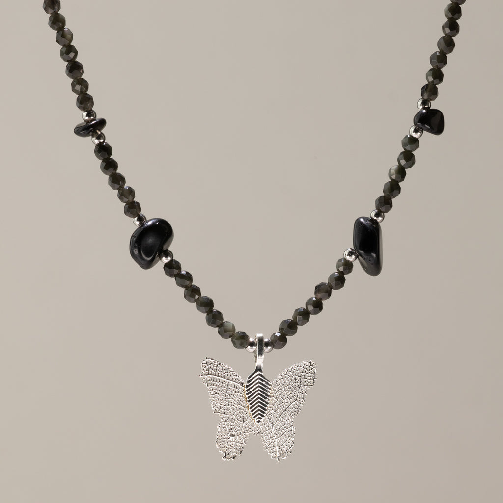 Nymph Black Obsidian Gemstone Necklace with Real Leaf Butterfly Pendant