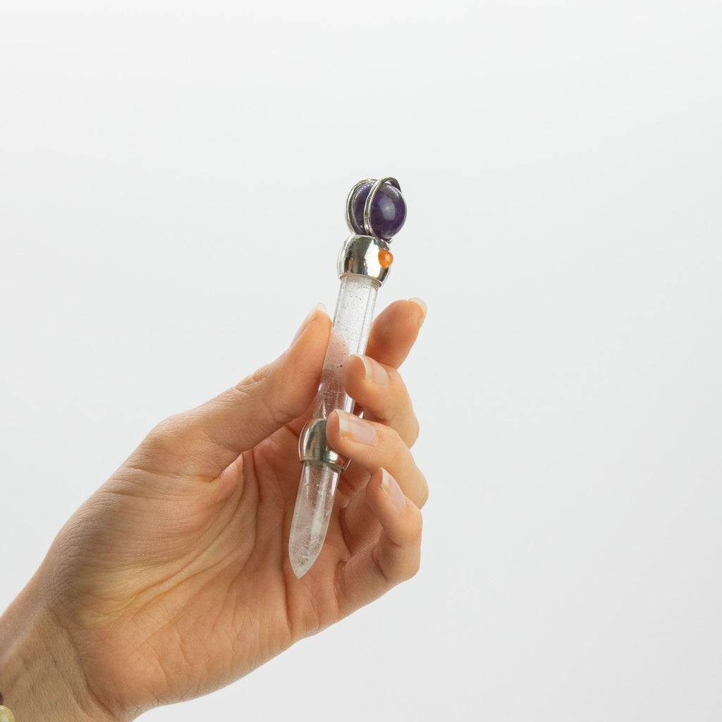 Celestial Prism Wand - Amethyst Moving Crystal Sphere Quartz Stem - 12cm