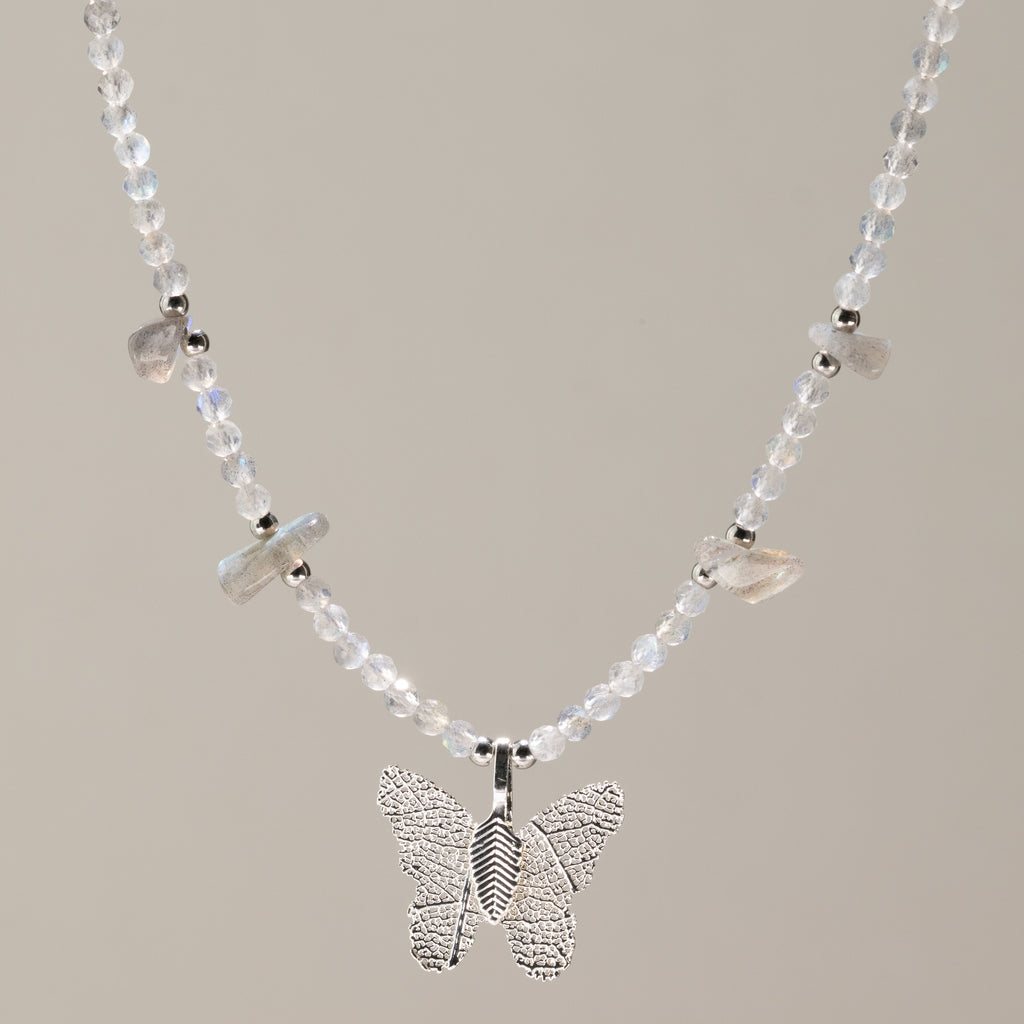 Nymph Labradorite Gemstone Necklace with Real Leaf Butterfly Pendant