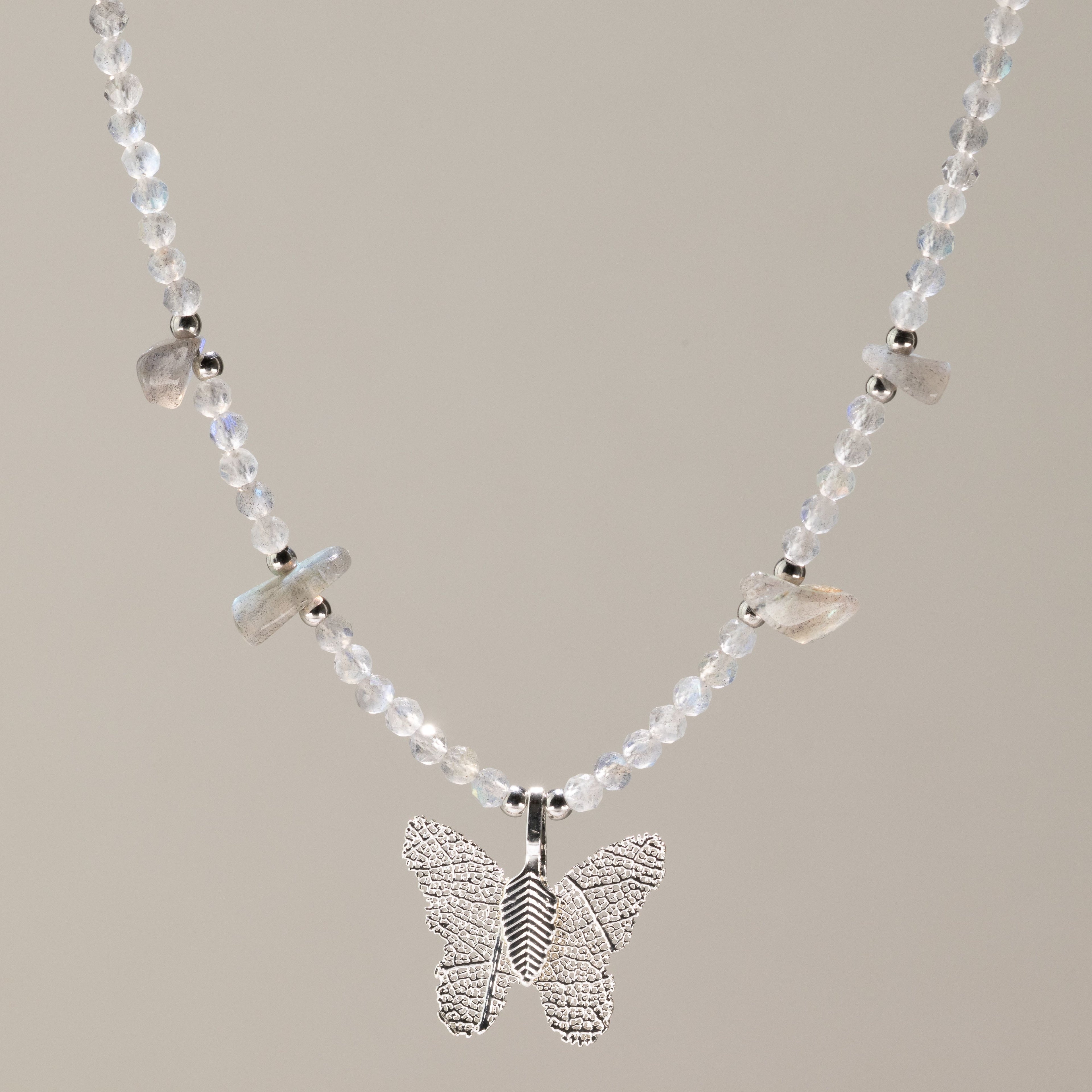 Nymph Labradorite Gemstone Necklace with Real Leaf Butterfly Pendant