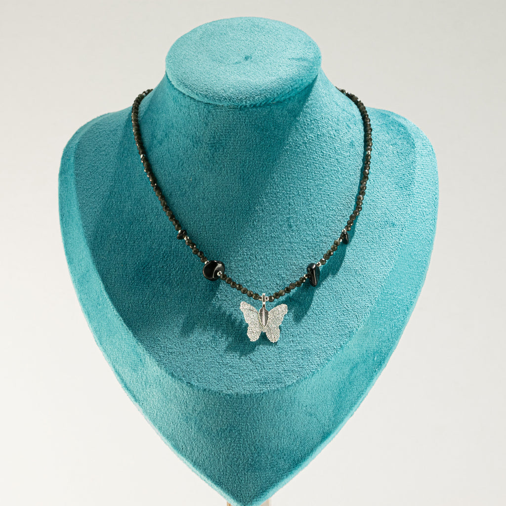 Nymph Black Obsidian Gemstone Necklace with Real Leaf Butterfly Pendant