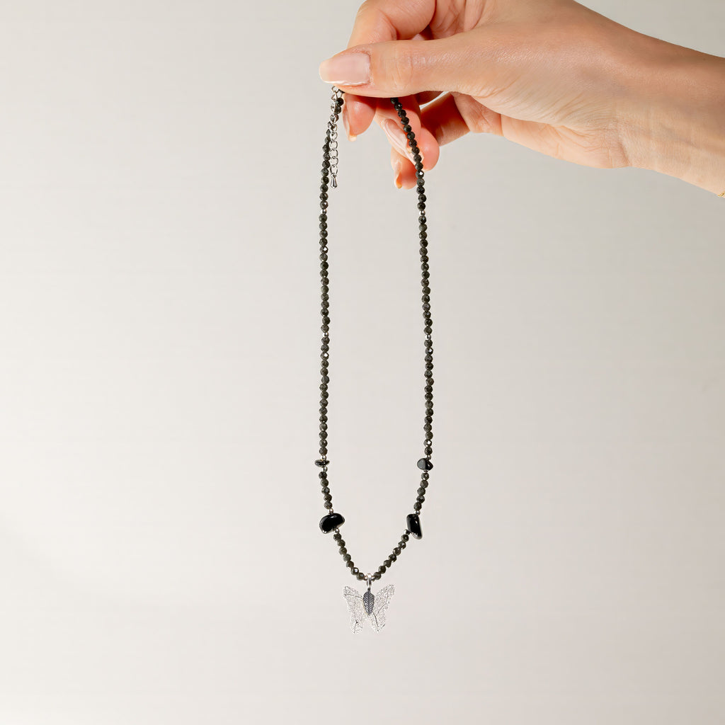 Nymph Black Obsidian Gemstone Necklace with Real Leaf Butterfly Pendant