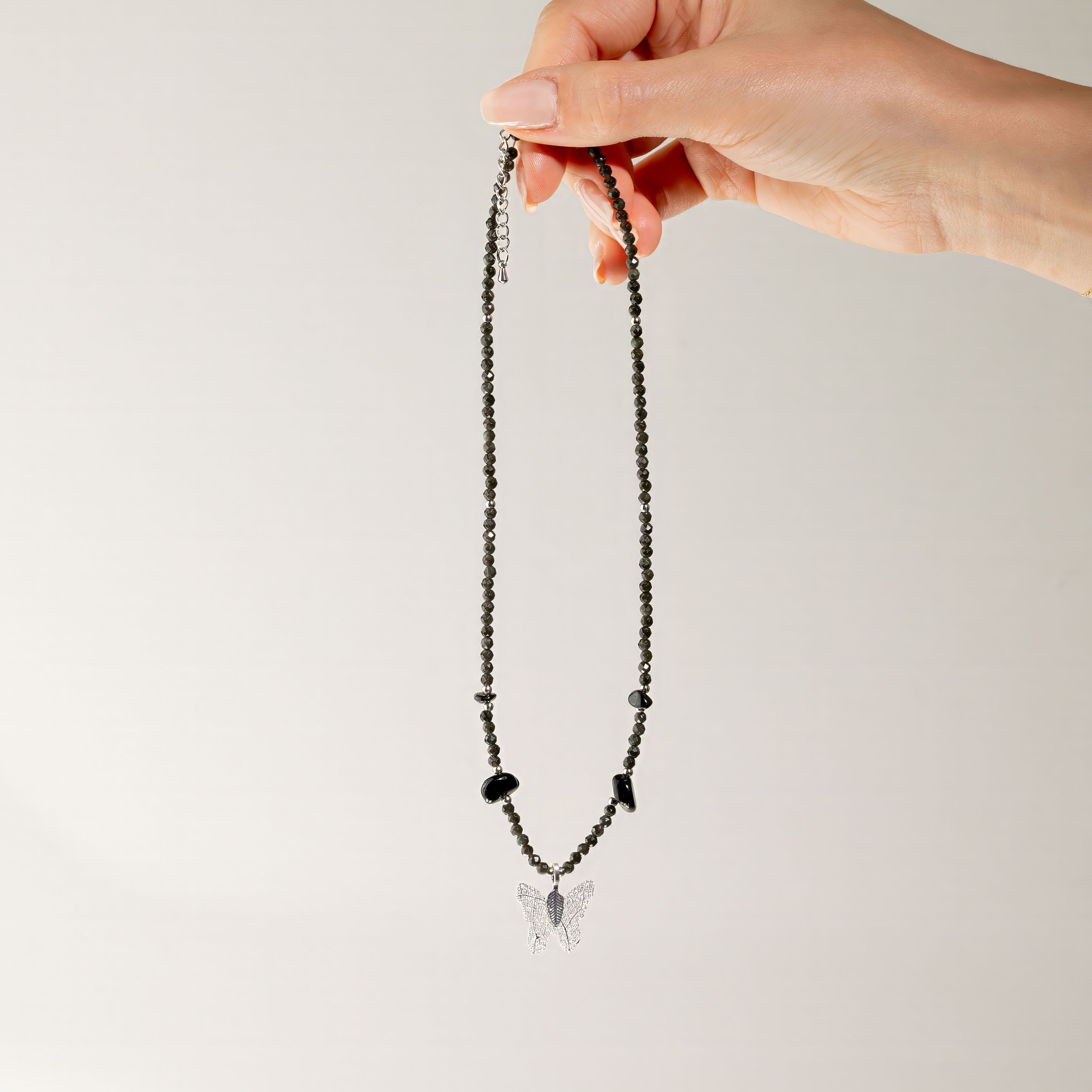 Nymph Black Obsidian Gemstone Necklace with Real Leaf Butterfly Pendant
