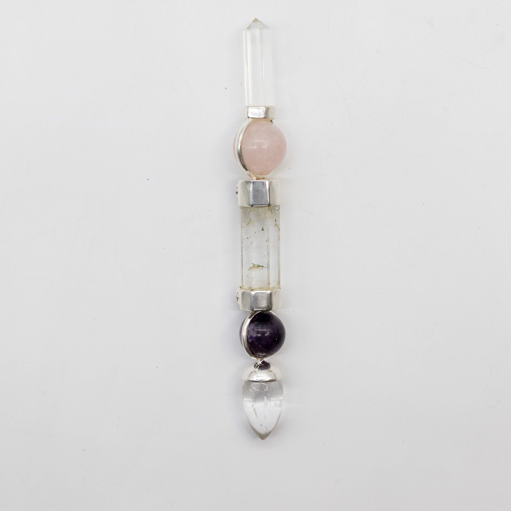 Axis of Grace Wand - Amethyst & Rose Quartz Spheres, Quartz Stem - 12cm
