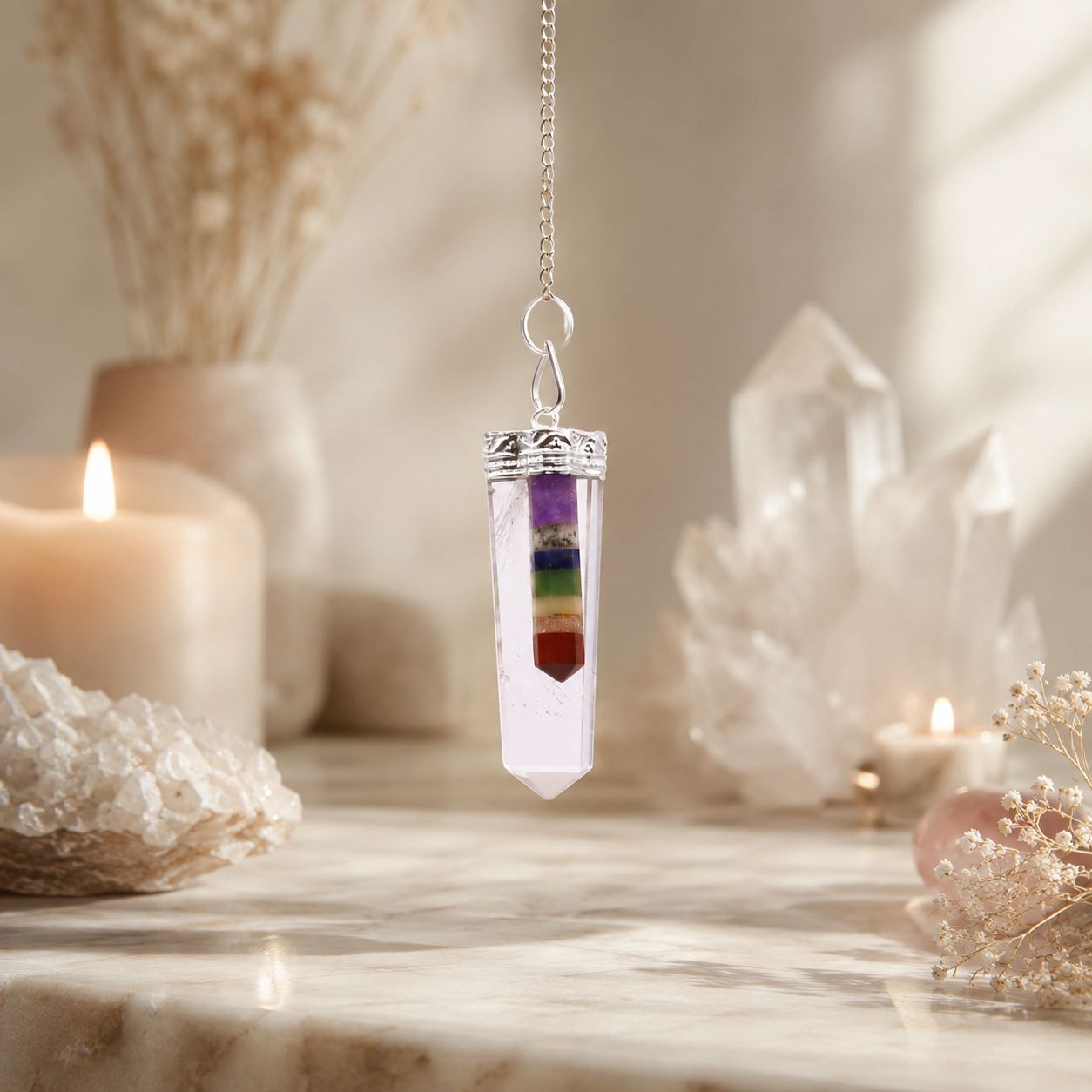 Crystal - 7 Chakra Bounded Thin Point Flat Pendant