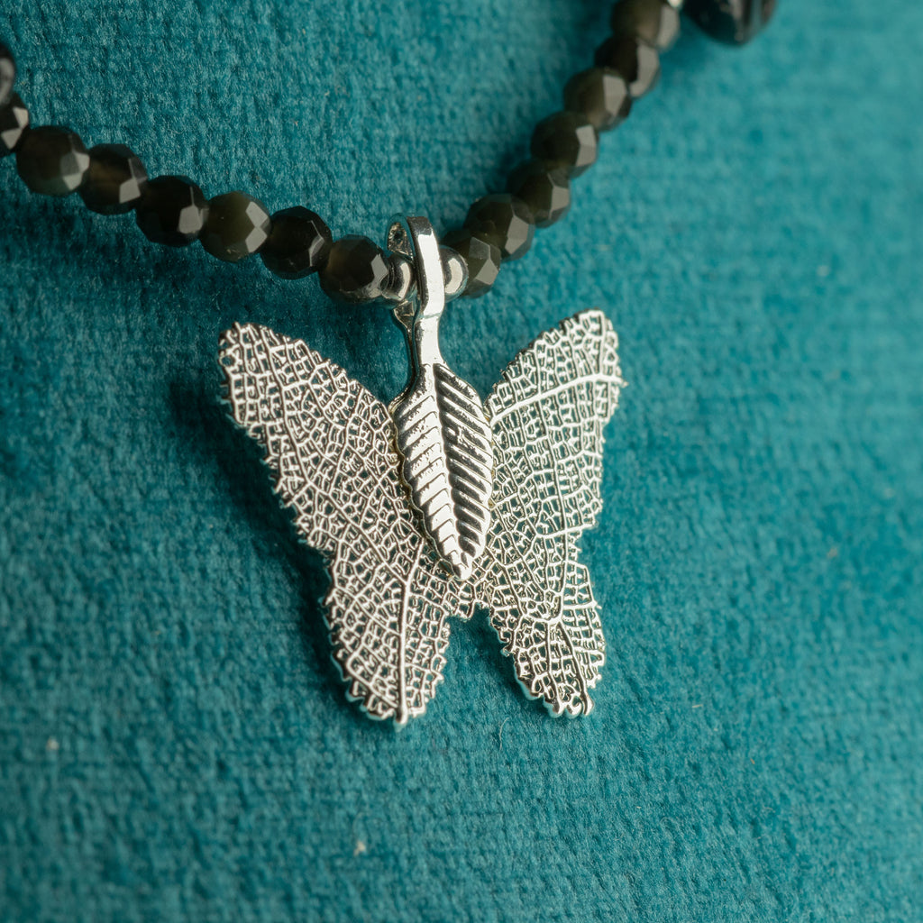 Nymph Black Obsidian Gemstone Necklace with Real Leaf Butterfly Pendant