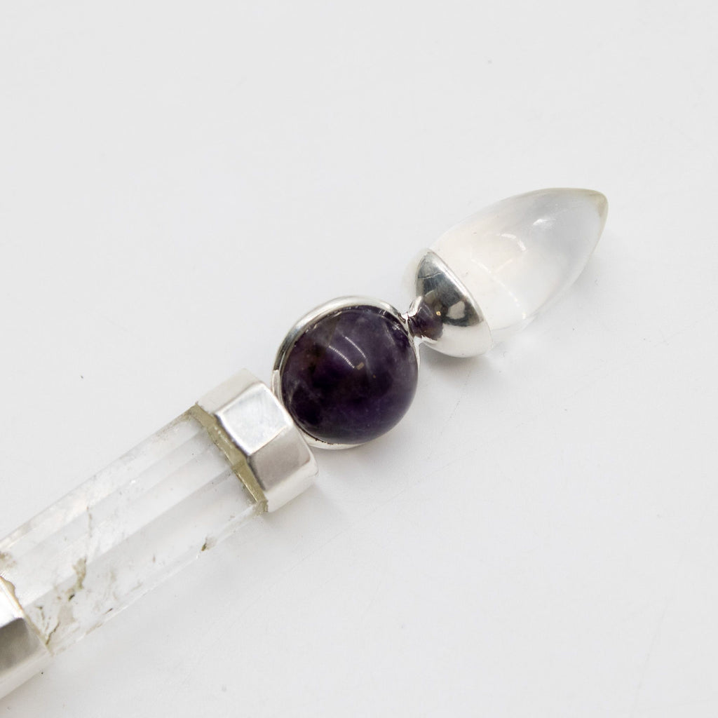 Axis of Grace Wand - Amethyst & Rose Quartz Spheres, Quartz Stem - 12cm