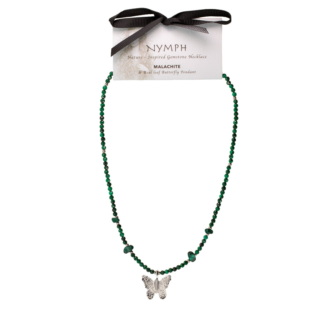 Nymph Malachite Gemstone Necklace with Real Leaf Butterfly Pendant