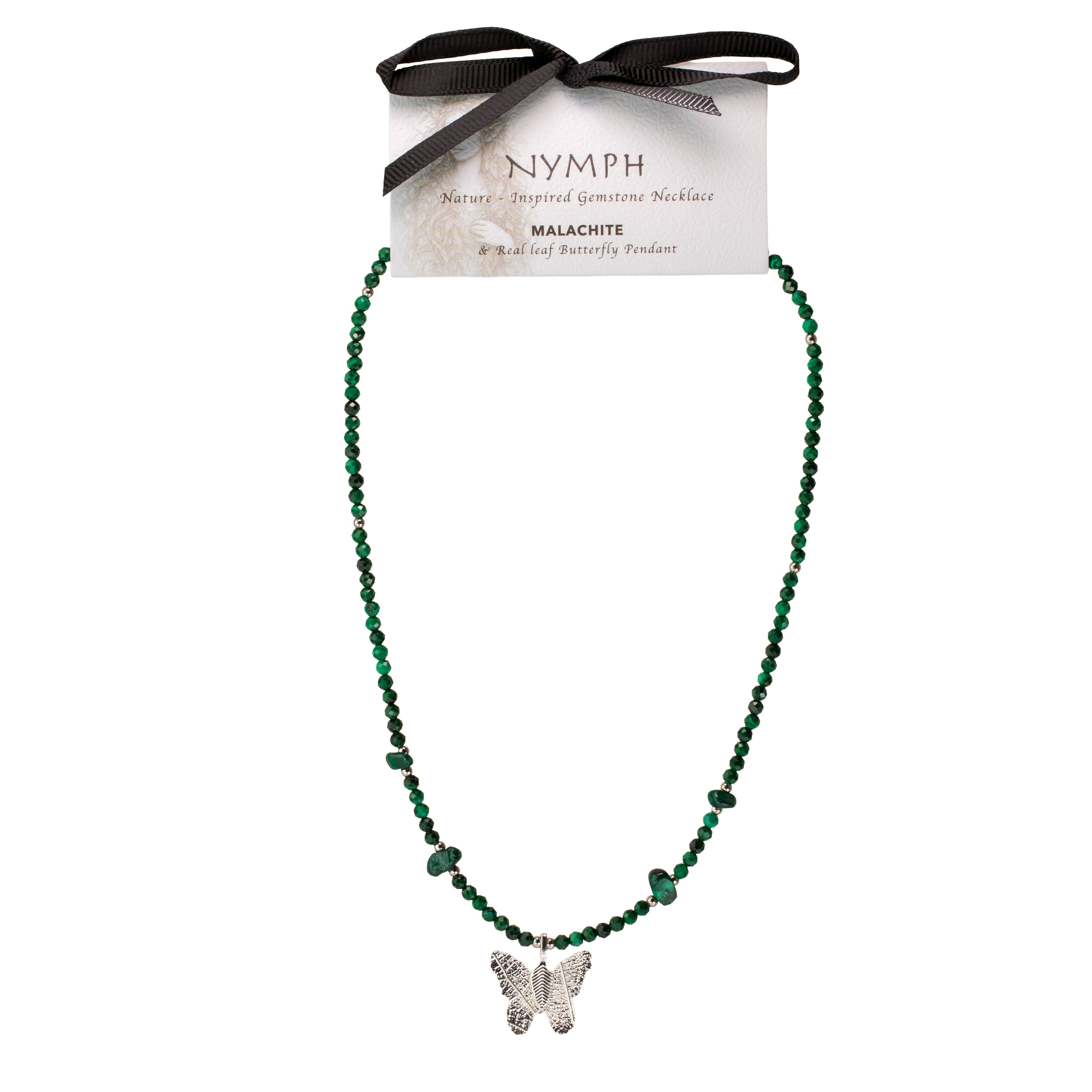Nymph Malachite Gemstone Necklace with Real Leaf Butterfly Pendant