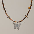 Nymph Tiger's Eye Gemstone Necklace with Real Leaf Butterfly Pendant