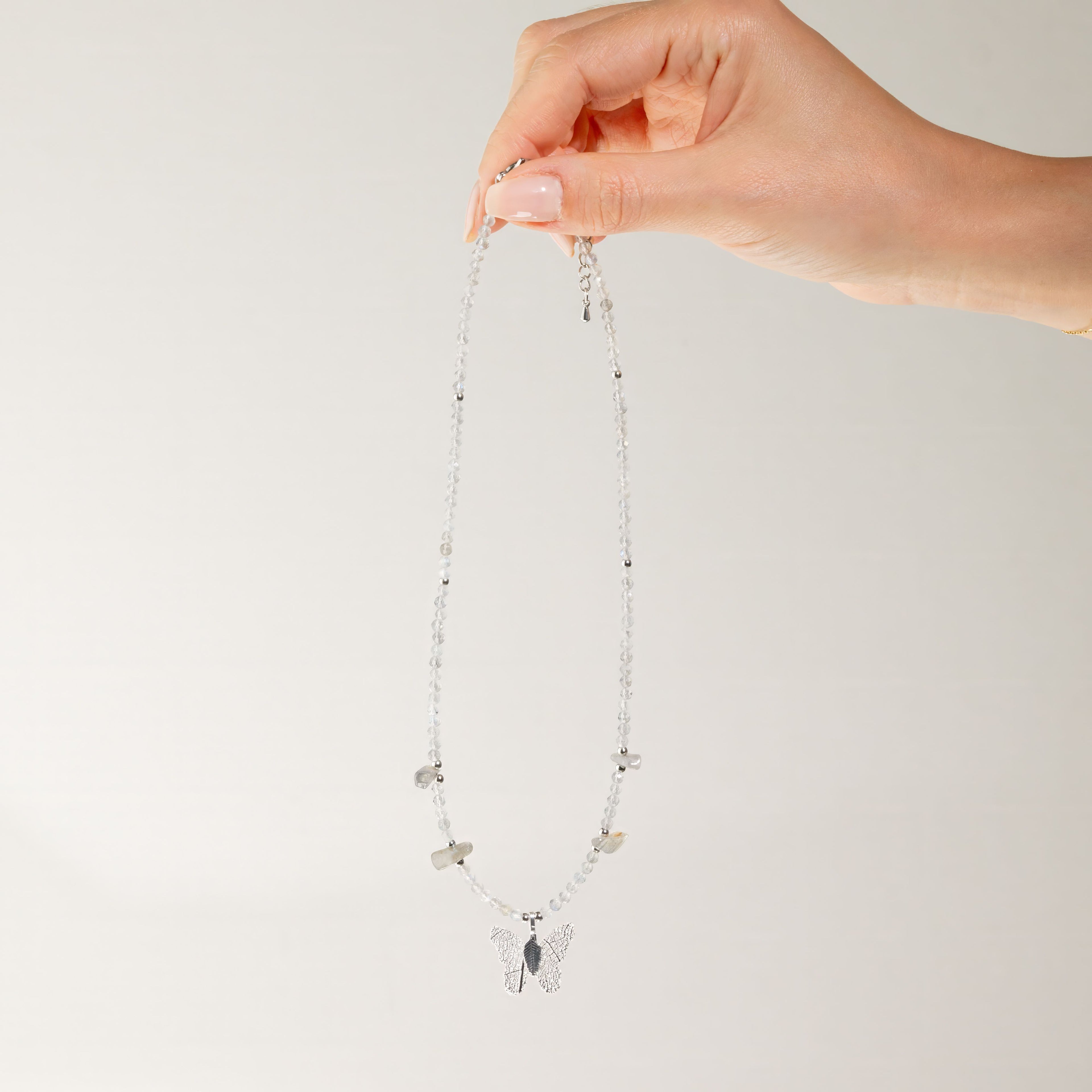 Nymph Labradorite Gemstone Necklace with Real Leaf Butterfly Pendant