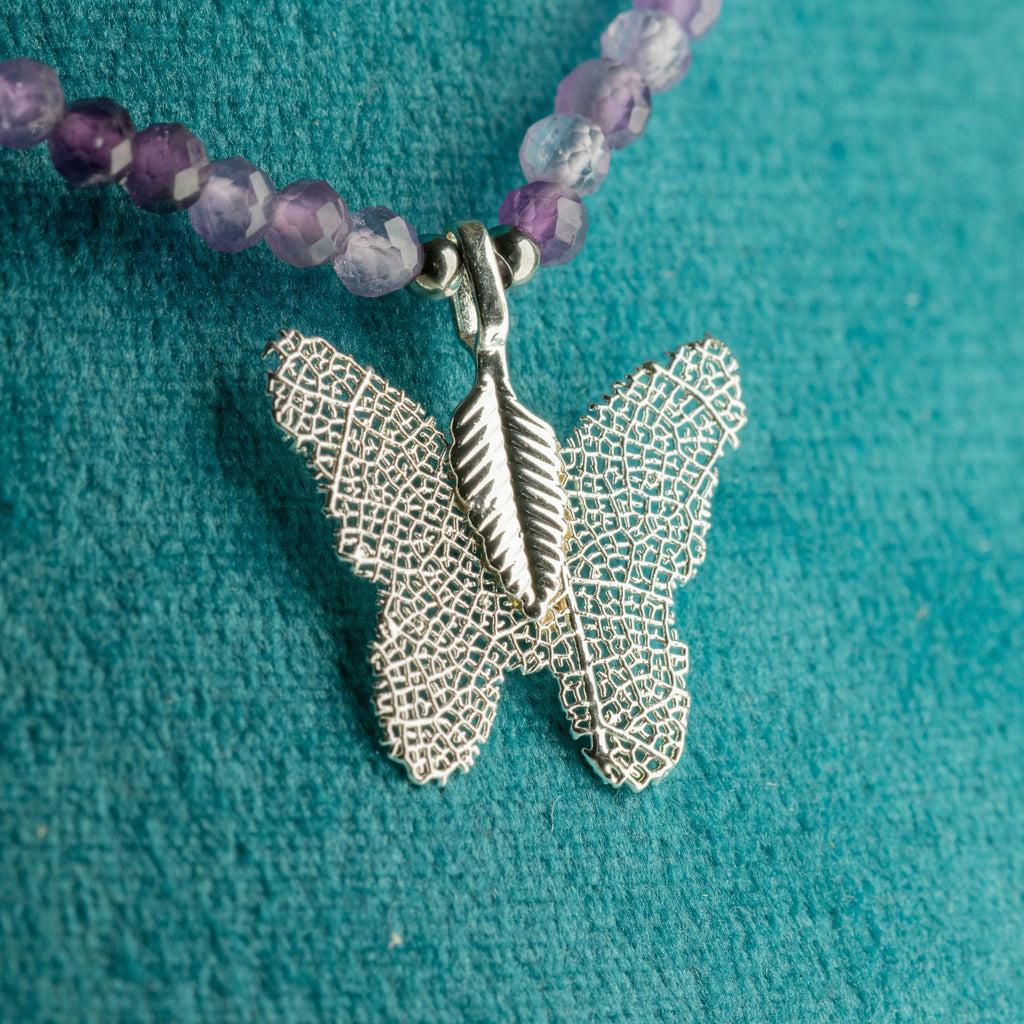 Nymph Amethyst Gemstone Necklace with Real Leaf Butterfly Pendant