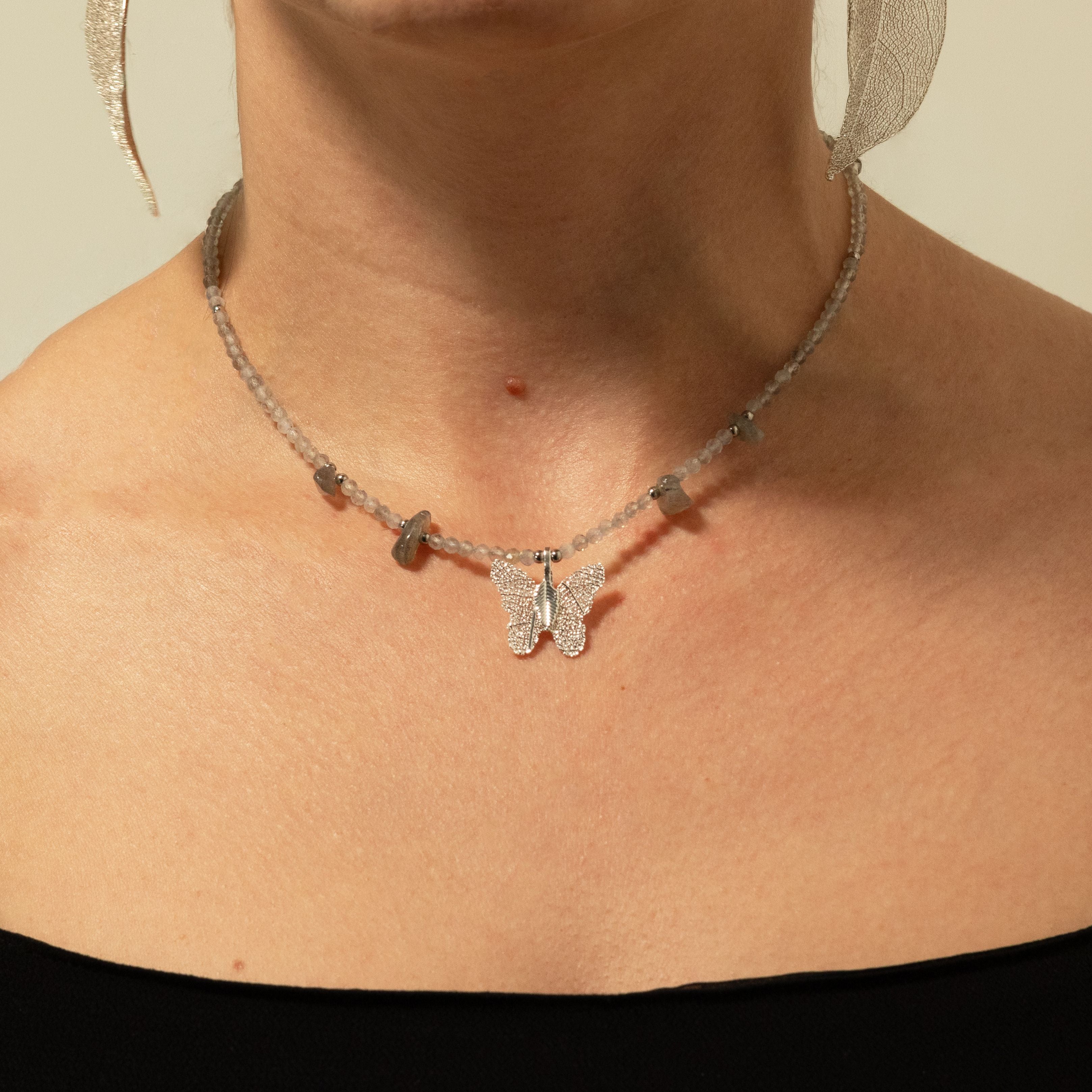 Nymph Labradorite Gemstone Necklace with Real Leaf Butterfly Pendant