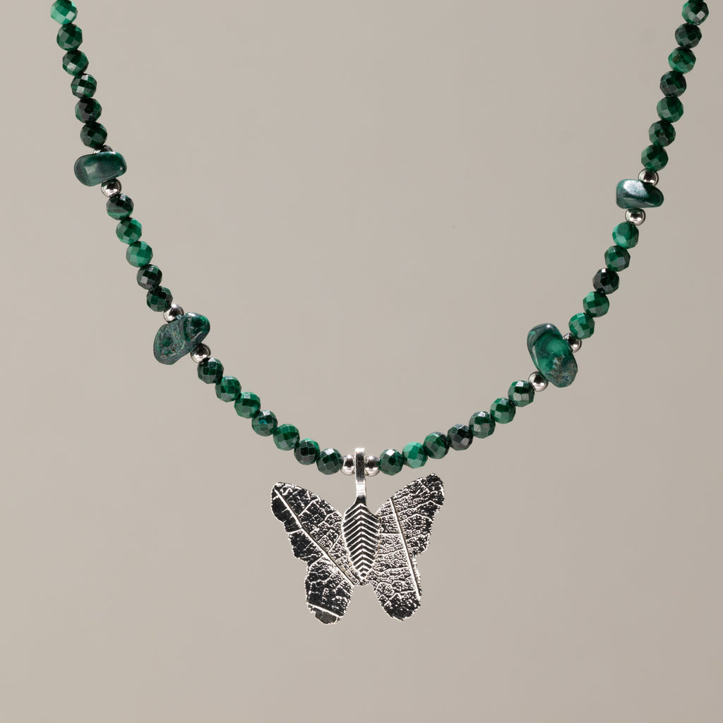 Nymph Malachite Gemstone Necklace with Real Leaf Butterfly Pendant