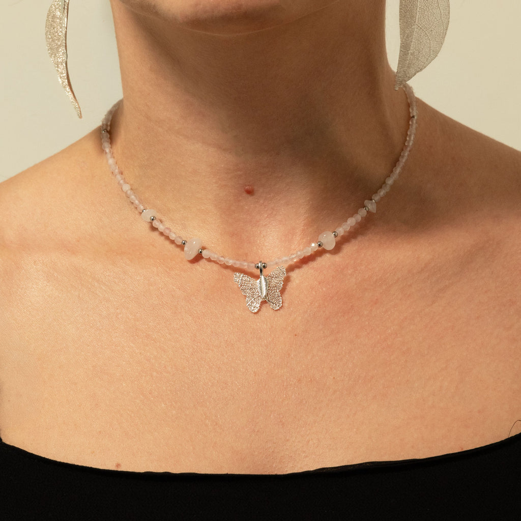 Nymph Rose Quartz Gemstone Necklace with Real Leaf Butterfly Pendant