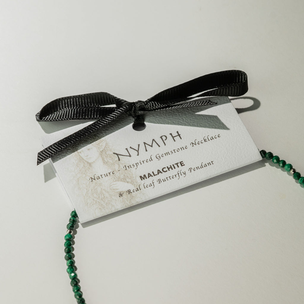 Nymph Malachite Gemstone Necklace with Real Leaf Butterfly Pendant