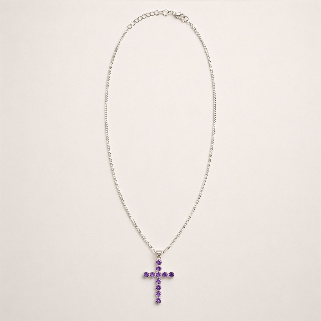 Indian Devotional Pendant - Silver Plated (45cm Chain)- Amethyst Crucifix