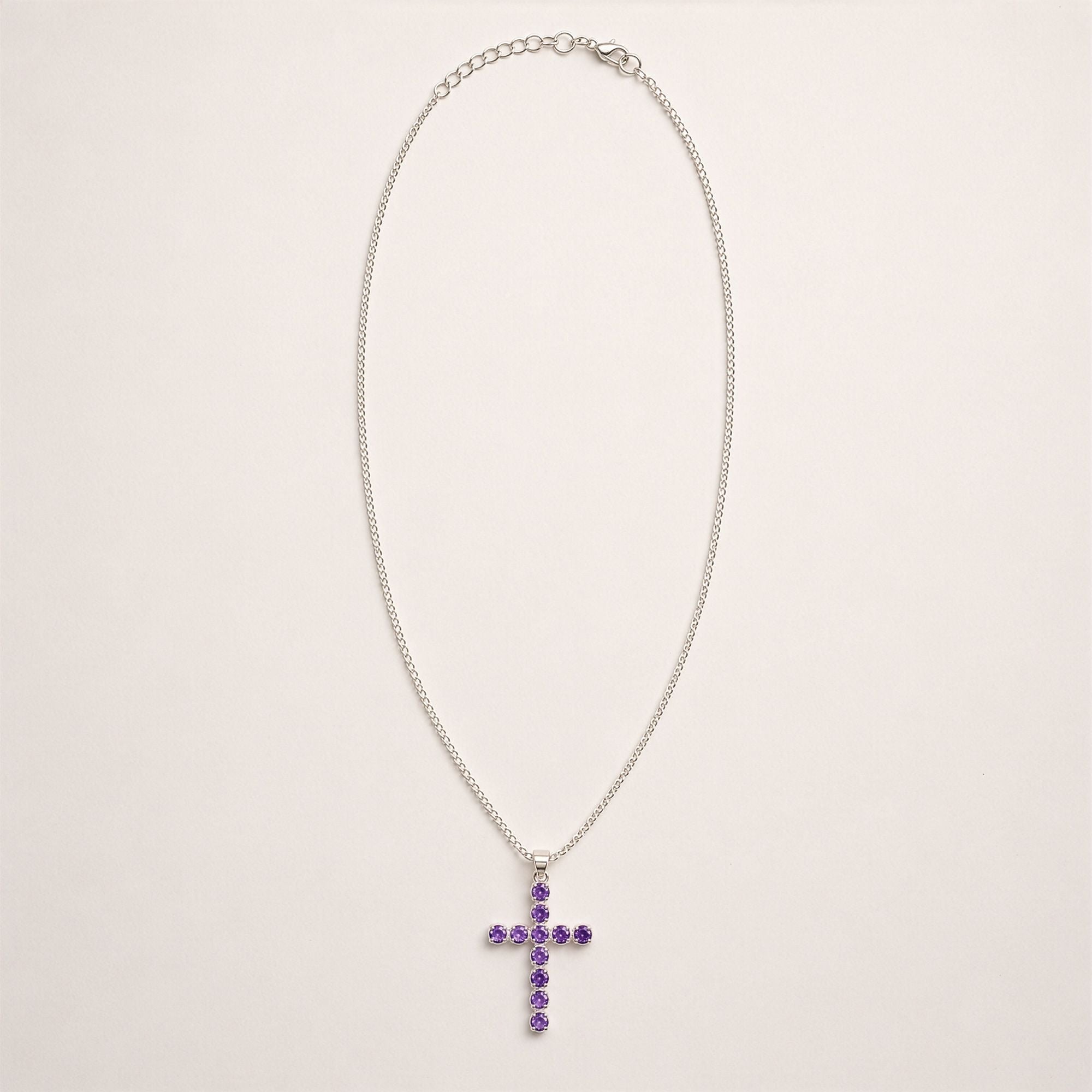 Indian Devotional Pendant - Silver Plated (45cm Chain)- Amethyst Crucifix