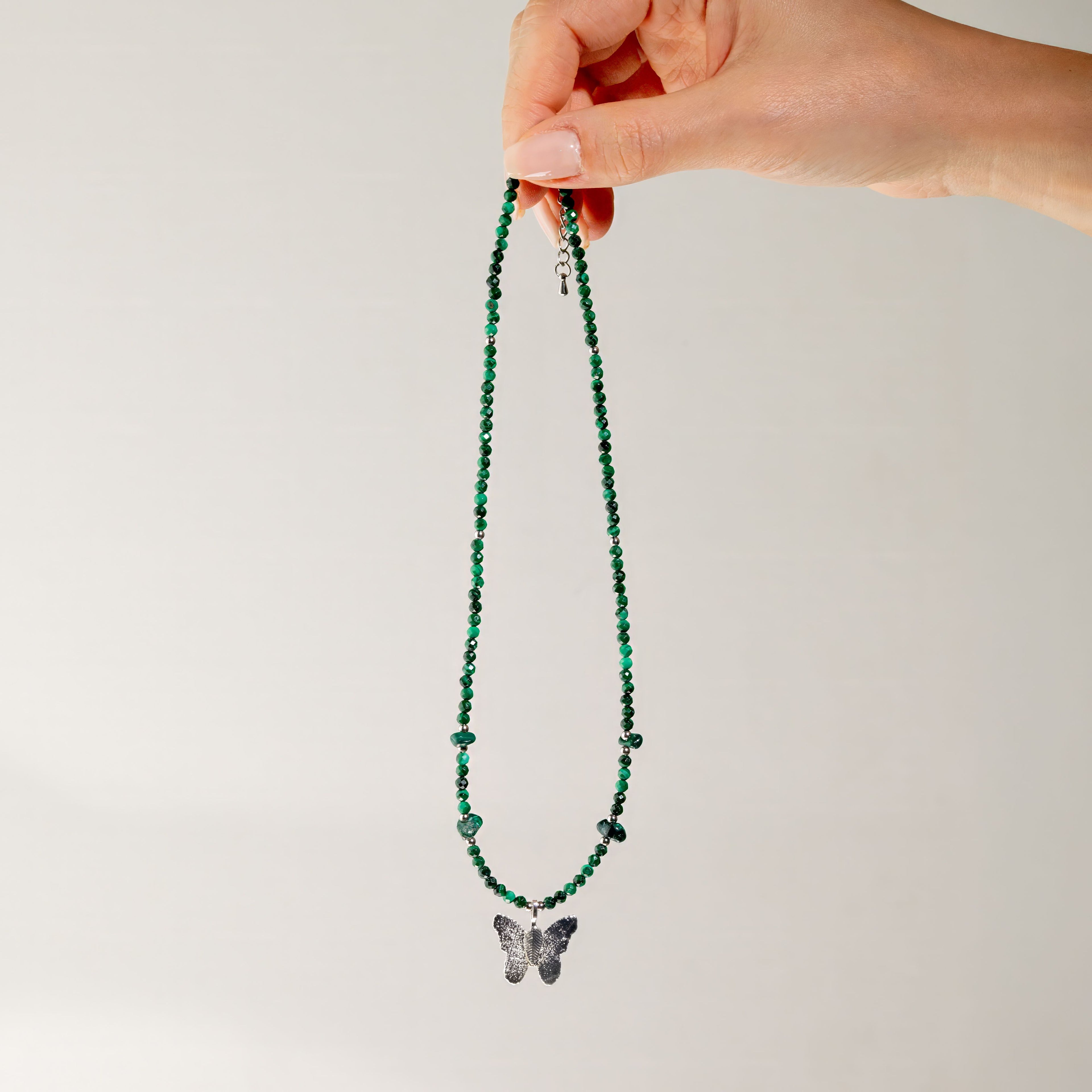 Nymph Malachite Gemstone Necklace with Real Leaf Butterfly Pendant