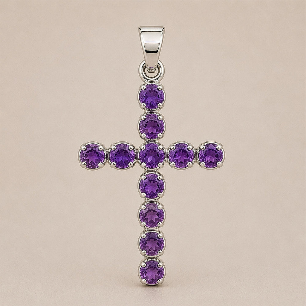 Indian Devotional Pendant - Silver Plated (45cm Chain)- Amethyst Crucifix