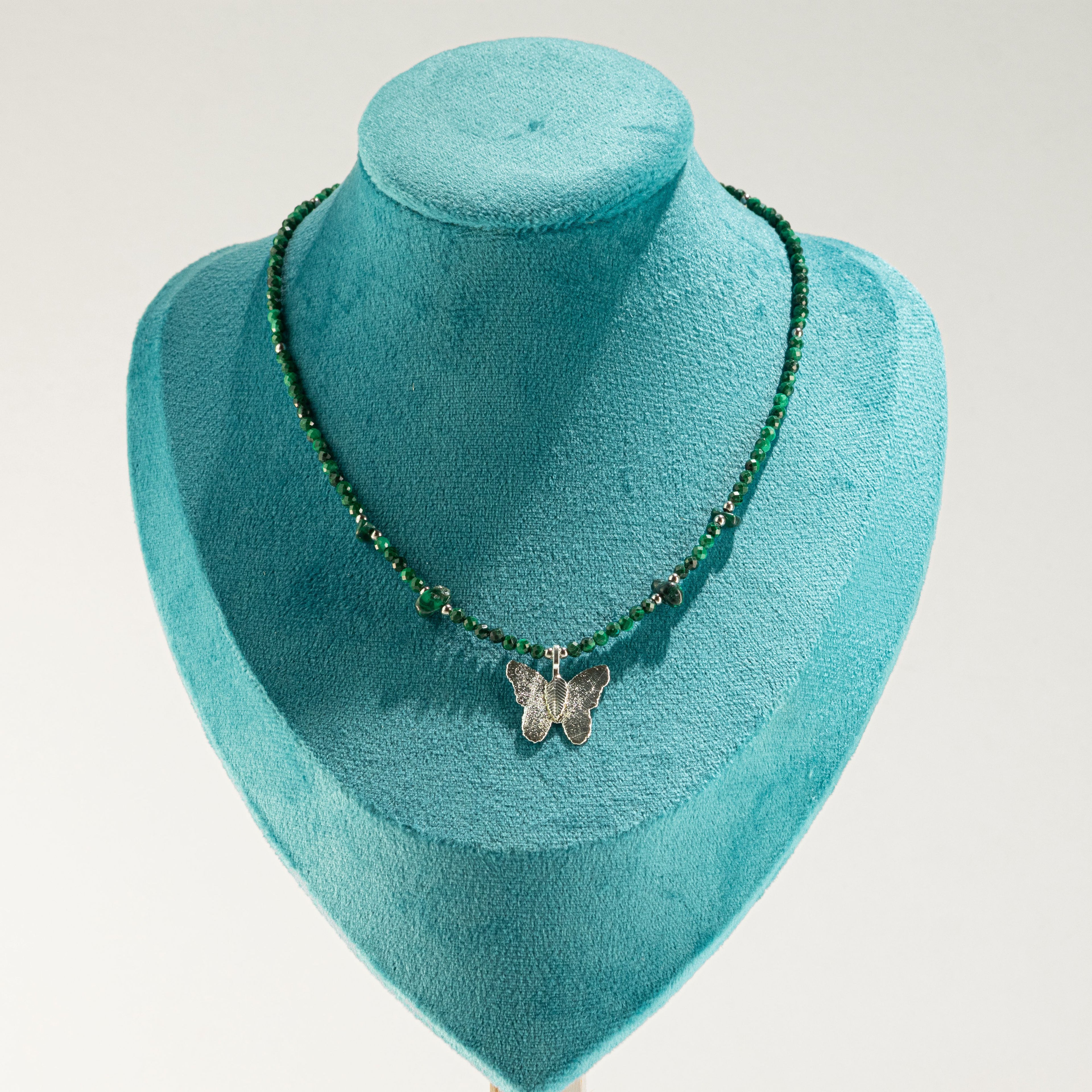 Nymph Malachite Gemstone Necklace with Real Leaf Butterfly Pendant