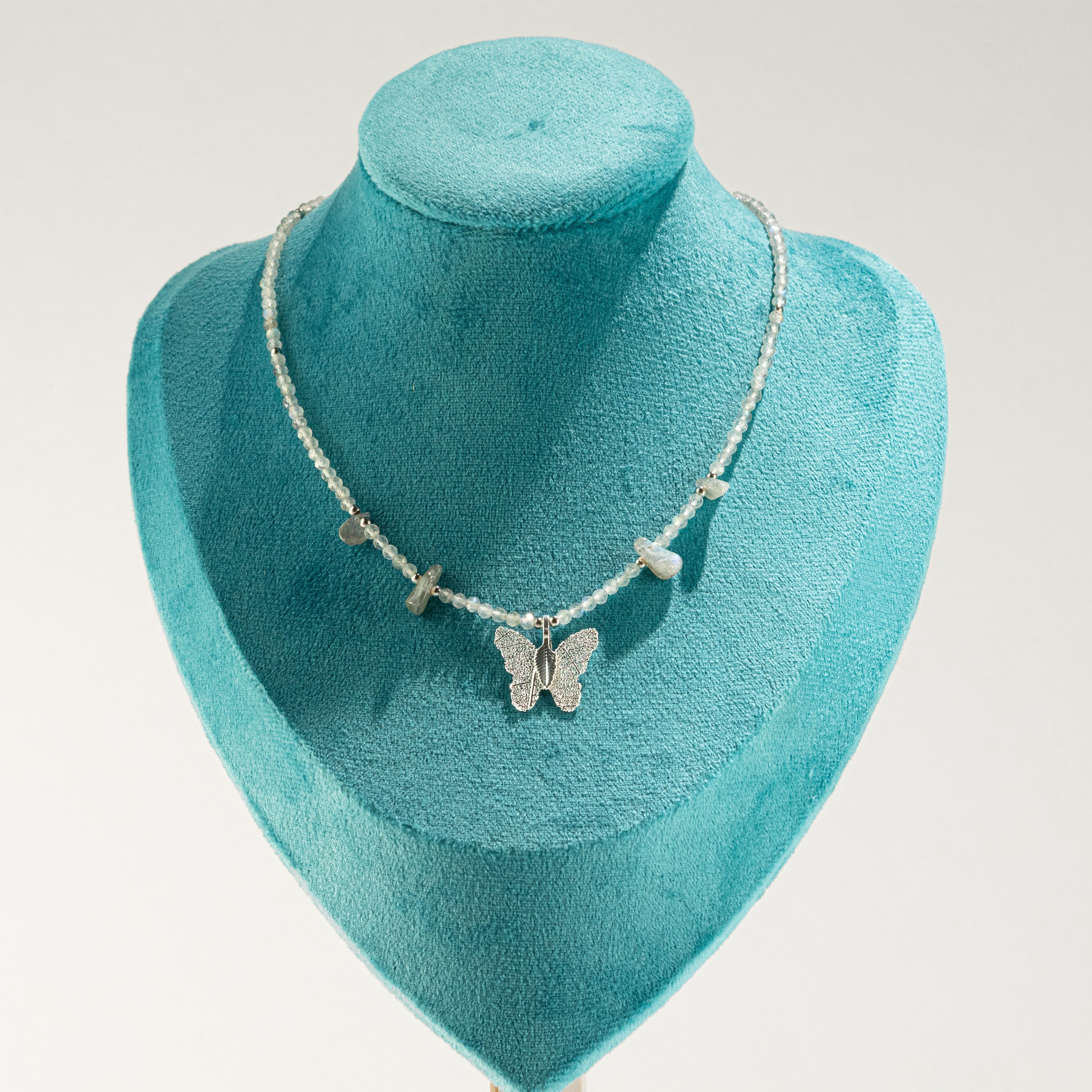 Nymph Labradorite Gemstone Necklace with Real Leaf Butterfly Pendant
