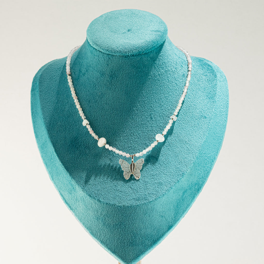 Nymph Rose Quartz Gemstone Necklace with Real Leaf Butterfly Pendant