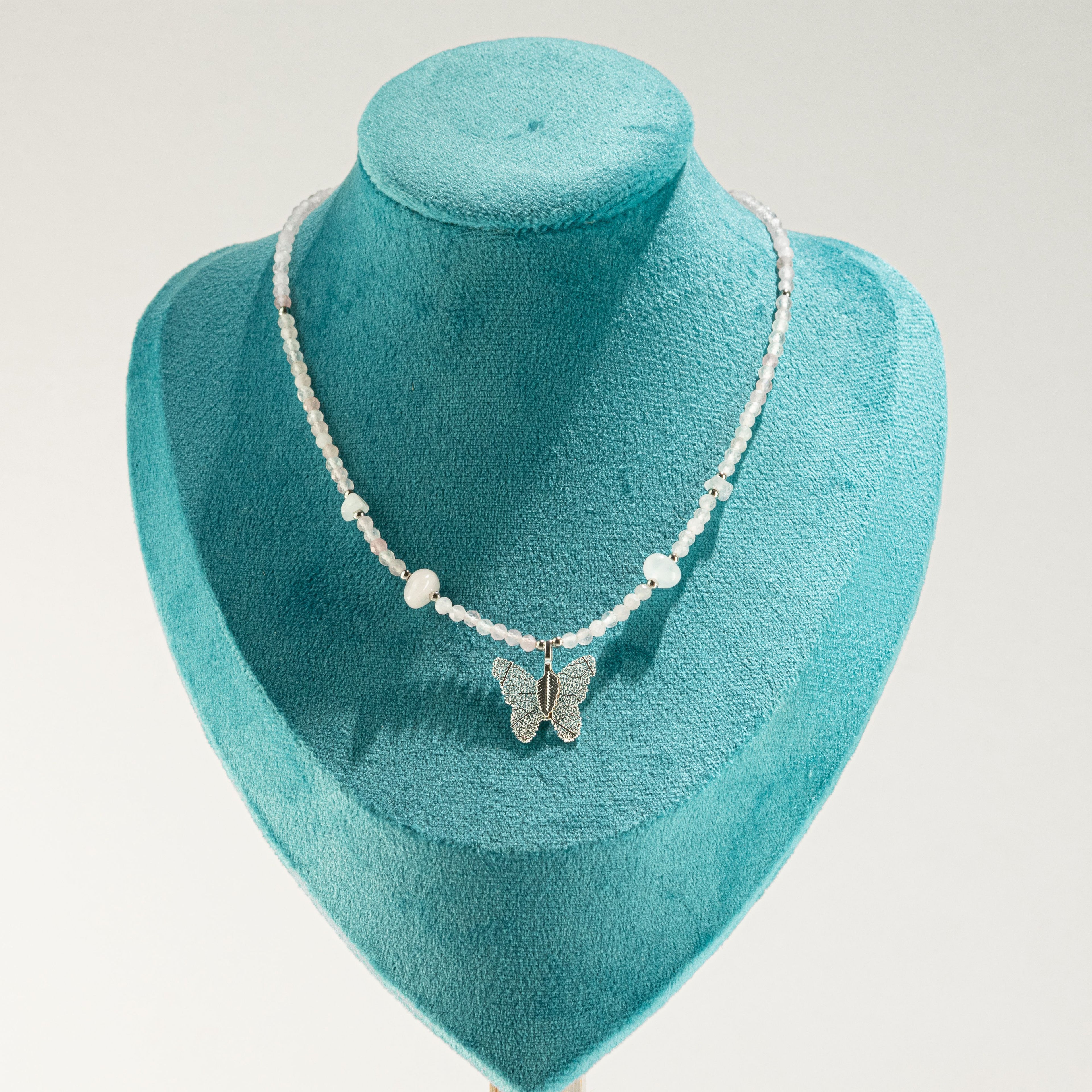 Nymph Rose Quartz Gemstone Necklace with Real Leaf Butterfly Pendant